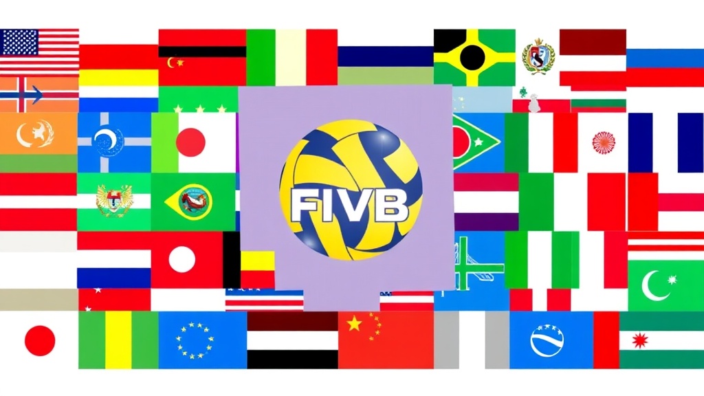 국제배구연맹 FIVB 로고와 다양한 국가의 국기들